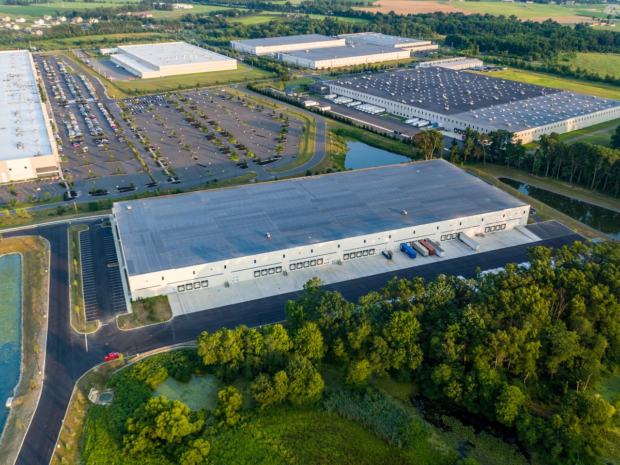 Industrial warehouse aerial view